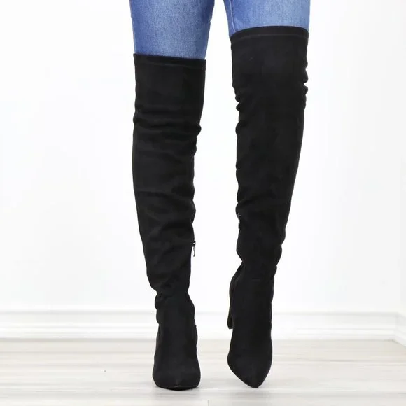 Black Thigh High Over The Knee Block High Heel Boots Pointy Toe Faux Suede - Picture 11 of 15